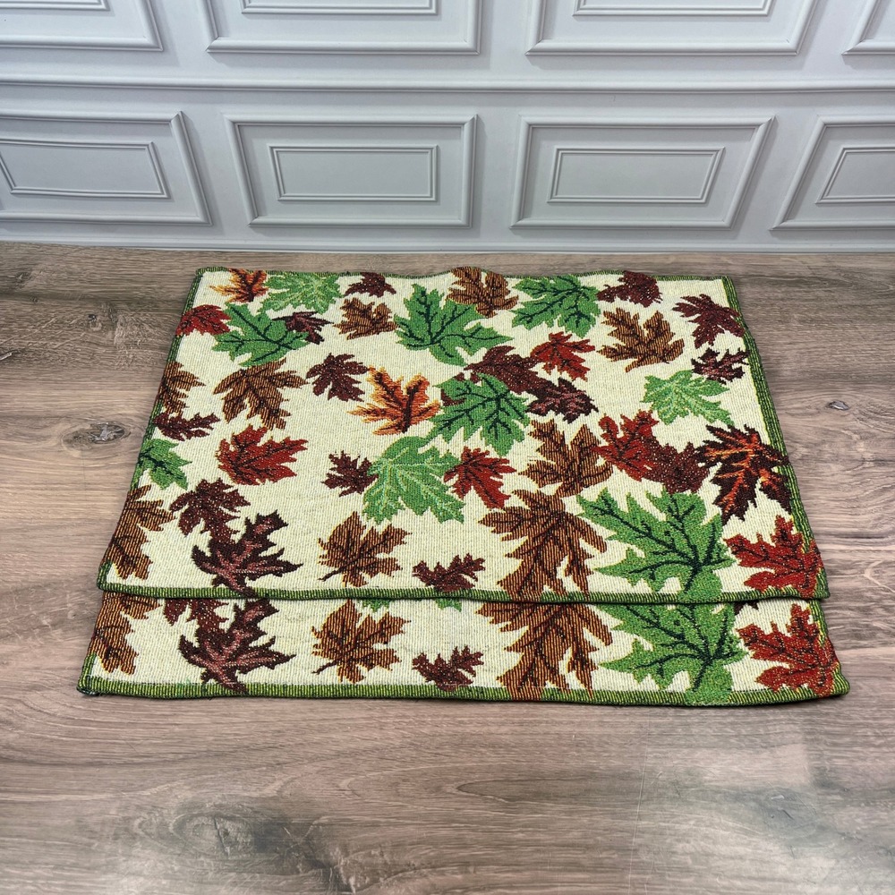 Woven Tapestry Autumn Leaf Fall Gold Metallic Thread 2pc Placemats Multicolor